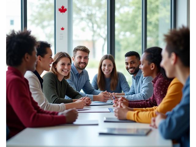 Diverse students smiling and interacting in a modern classroom setting, representing global connection.