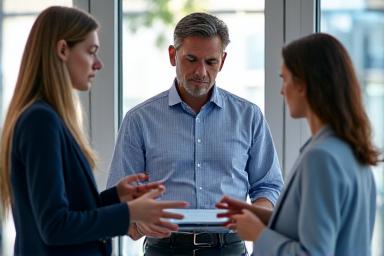 Diverse professionals in a modern office collaborating, in a business meeting setting