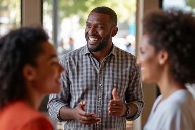 Group of diverse adults engaged in lively English conversation