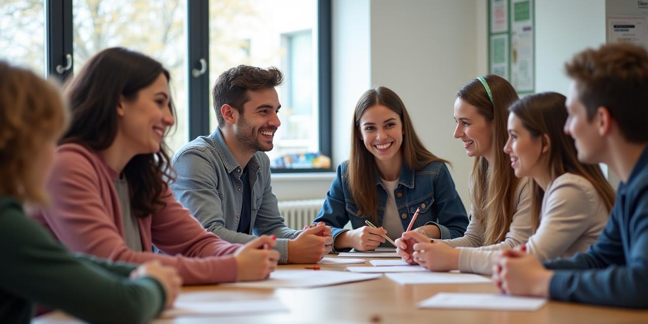 Diverse students from different backgrounds learning English together with a teacher in a modern, bright classroom setting.